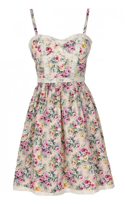 Cottage Rose Lace Trim Floral Designer Dress